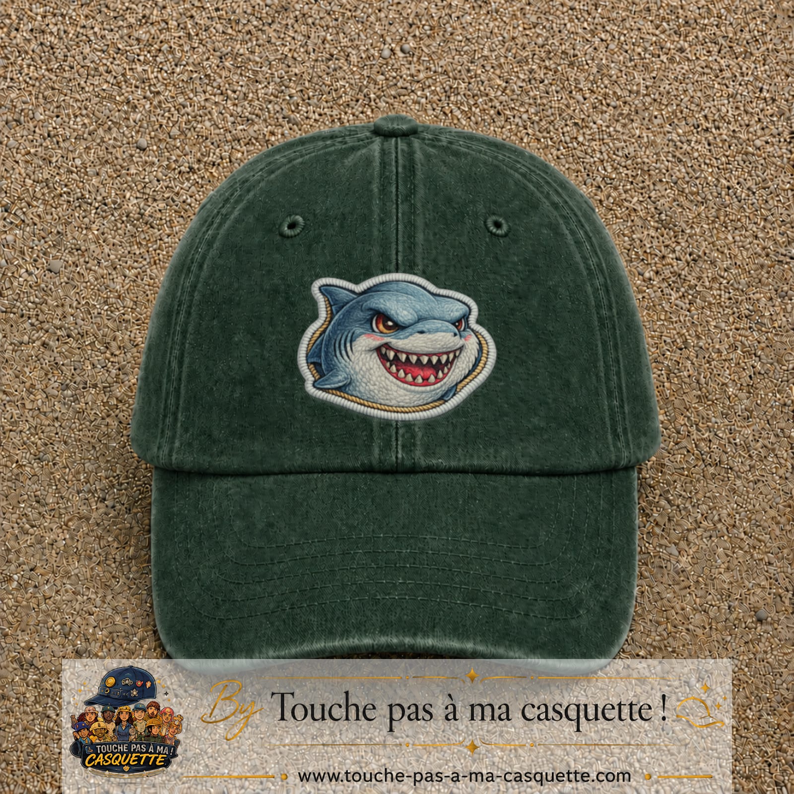 Casquette Vert foncé délavé motif Requin fun 7 cm - vue principale