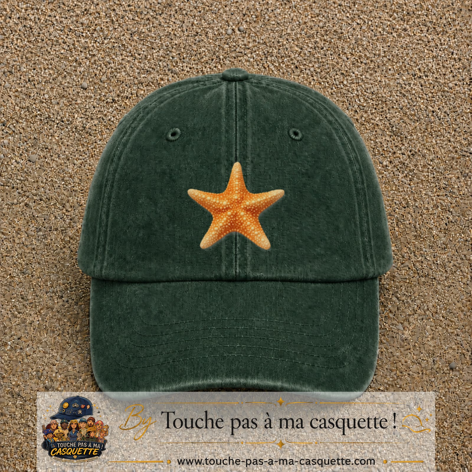 Casquette baseball Vert foncé délavé 100% coton avec visuel Étoile de mer 7 cm - image produit principale