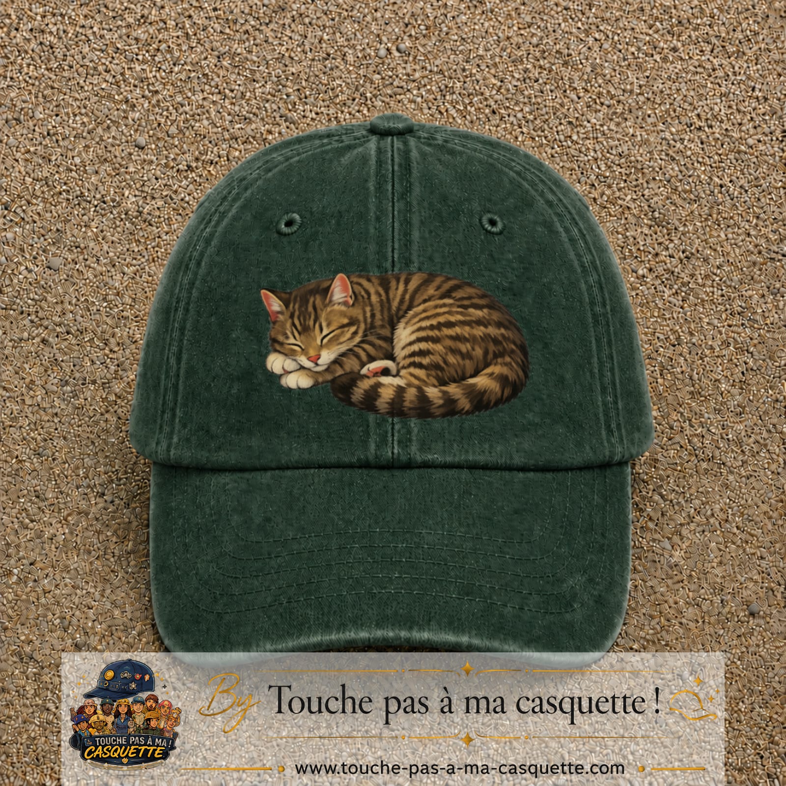 Casquette baseball Vert foncé délavé 100% coton avec motif Chat endormi 7 cm - image principale