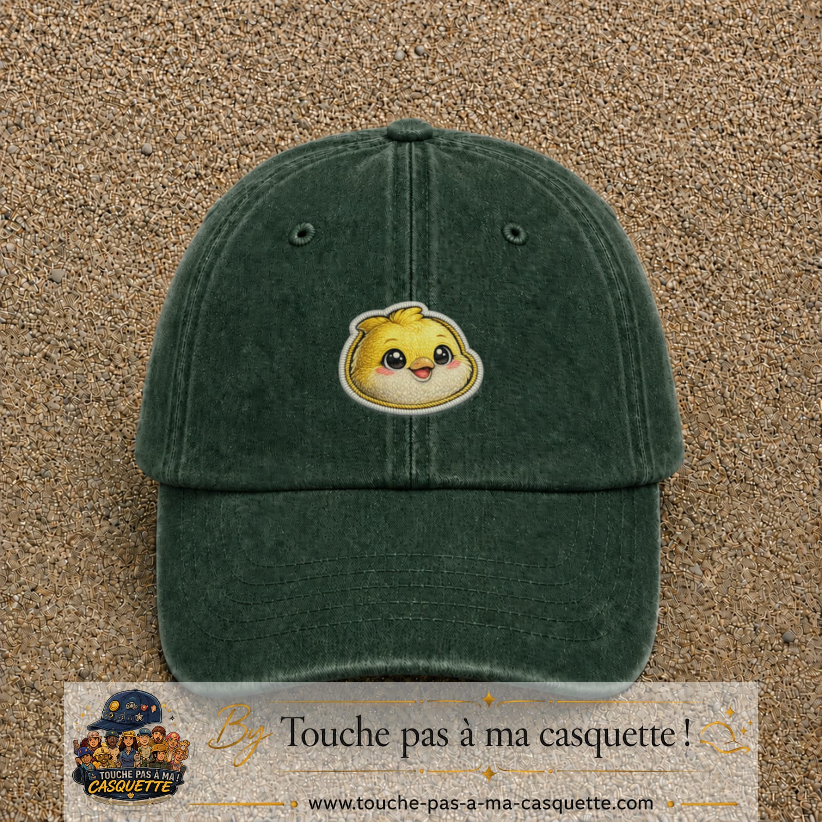 Casquette Vert foncé délavé motif Poussin joyeux 5 cm - vue principale