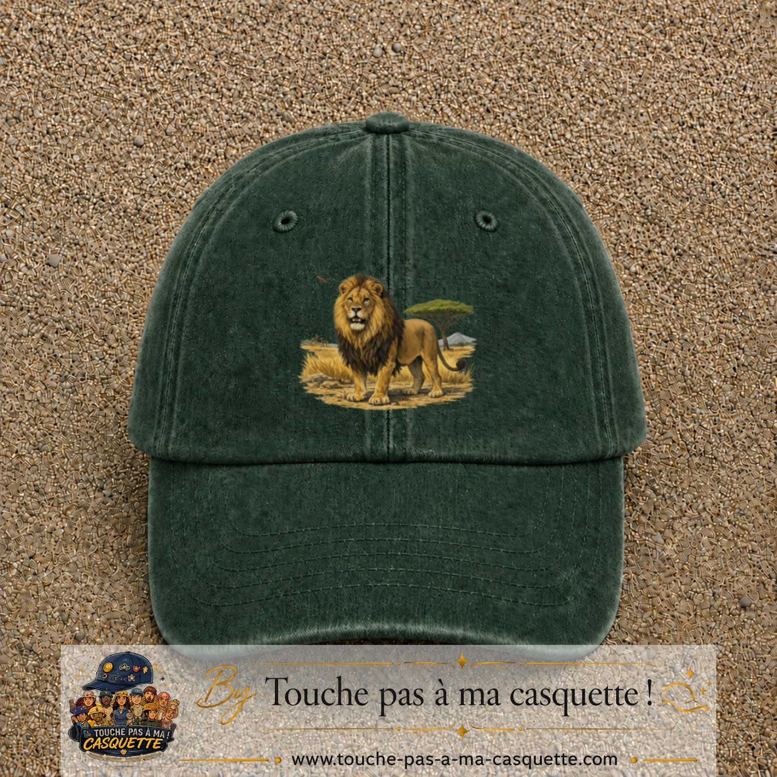 Casquette baseball Vert foncé délavé 100% coton avec motif Lion de savane 7 cm - image principale