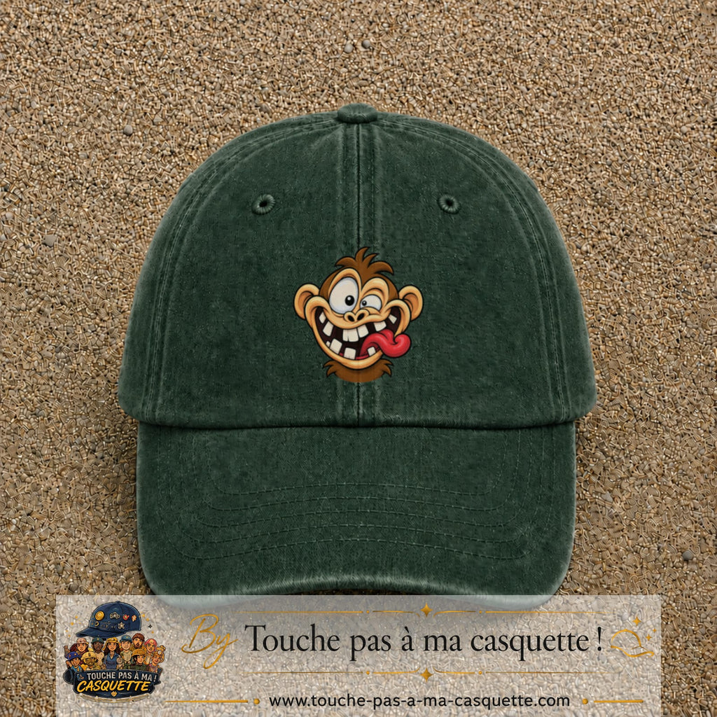 Casquette baseball Vert foncé délavé 100% coton avec visuel Singe fou grimace 7 cm - image produit principale