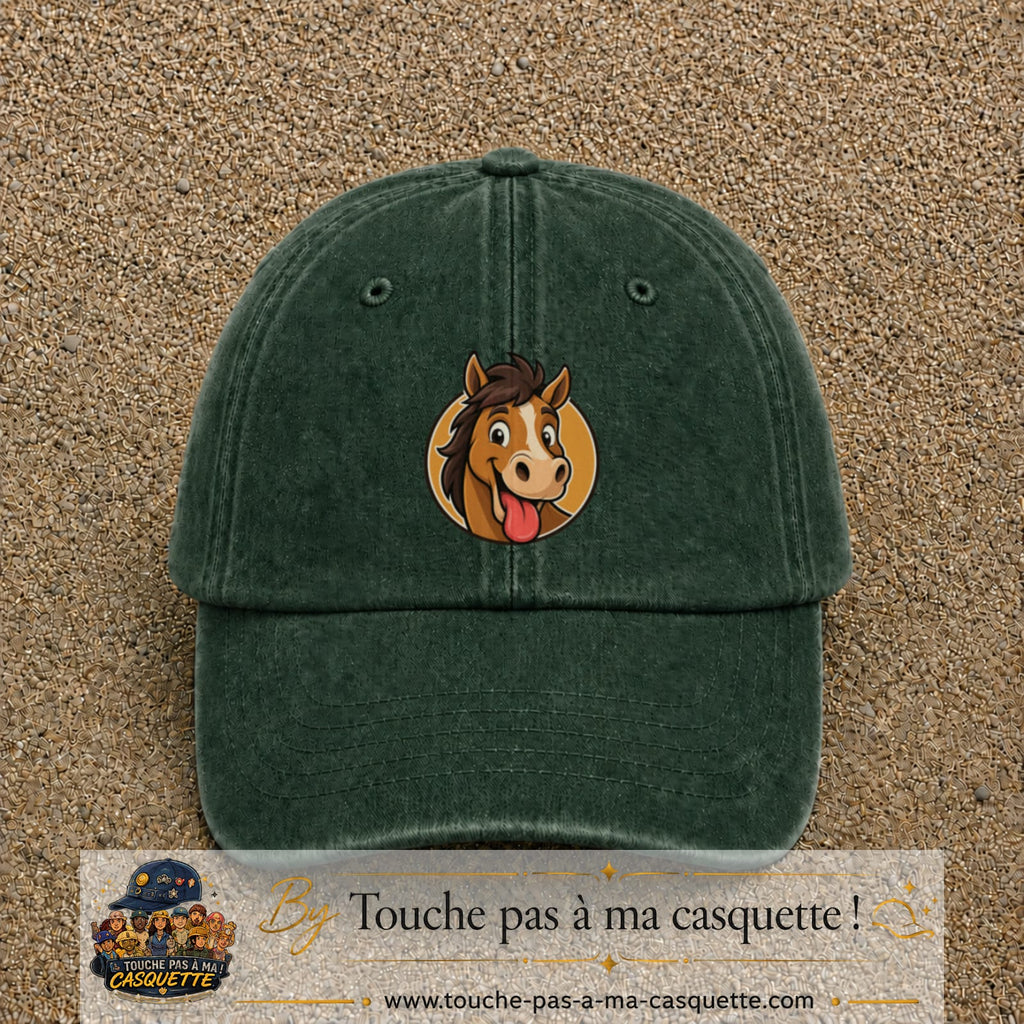 Casquette baseball Vert foncé délavé 100% coton avec visuel Cheval langue tirée 7 cm - image produit principale