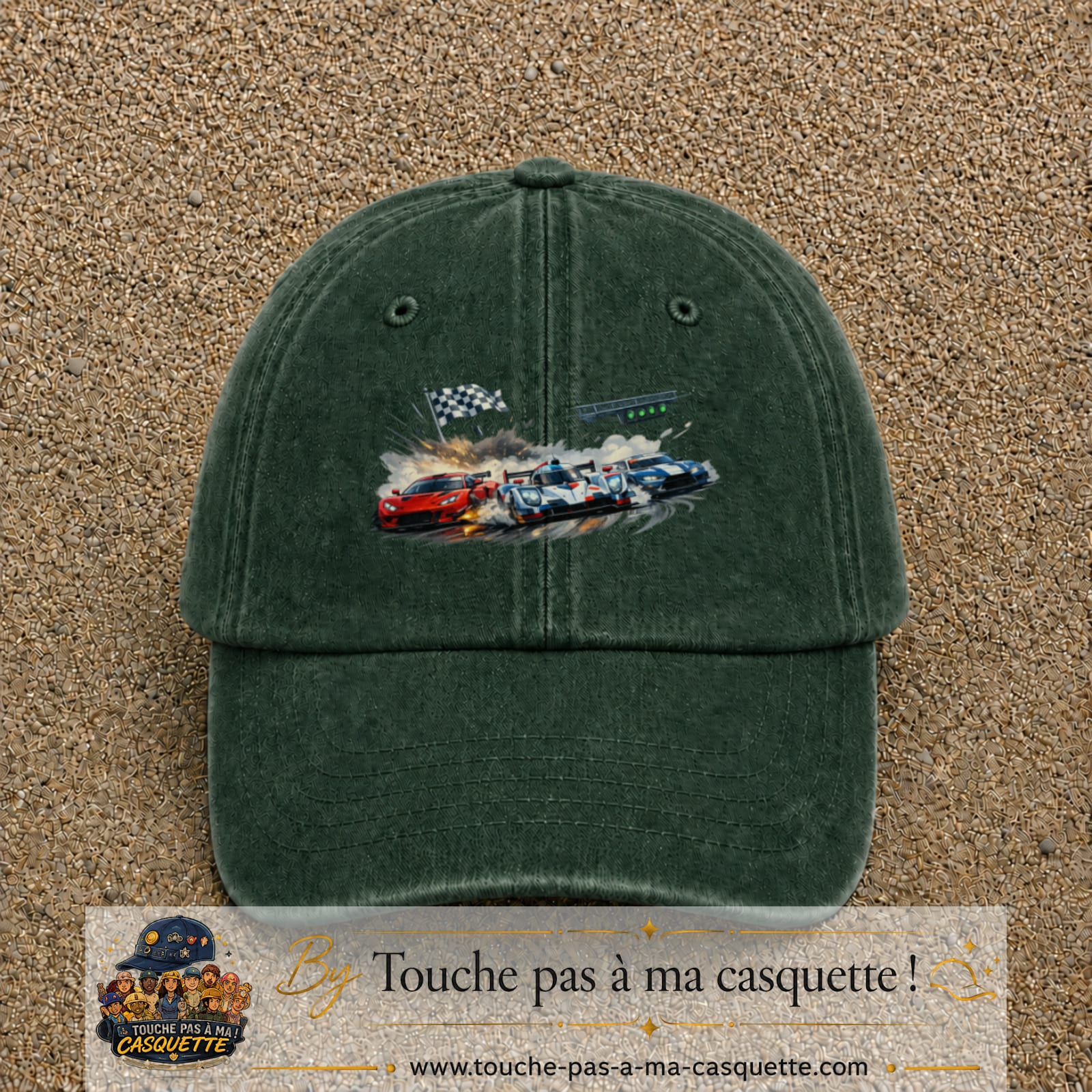 Casquette baseball Vert foncé délavé 100% coton avec motif Voitures de course 7 cm - image principale