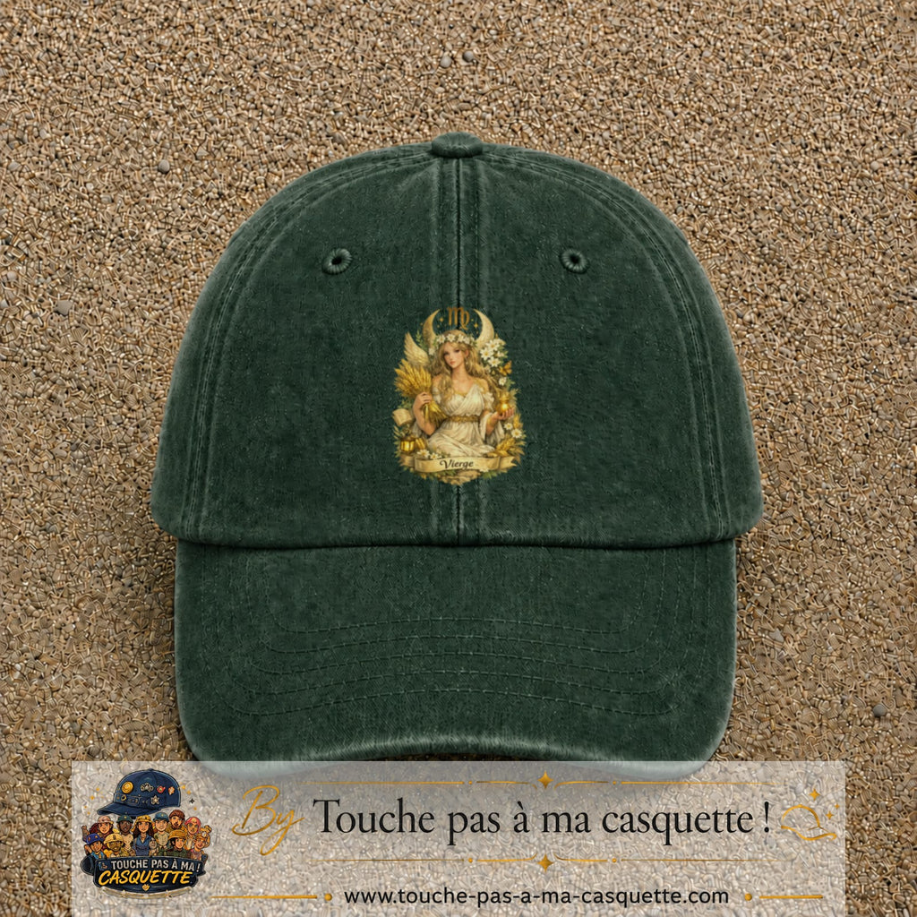 Casquette baseball Vert foncé délavé 100% coton avec motif Vierge astrologique 7 cm - image principale
