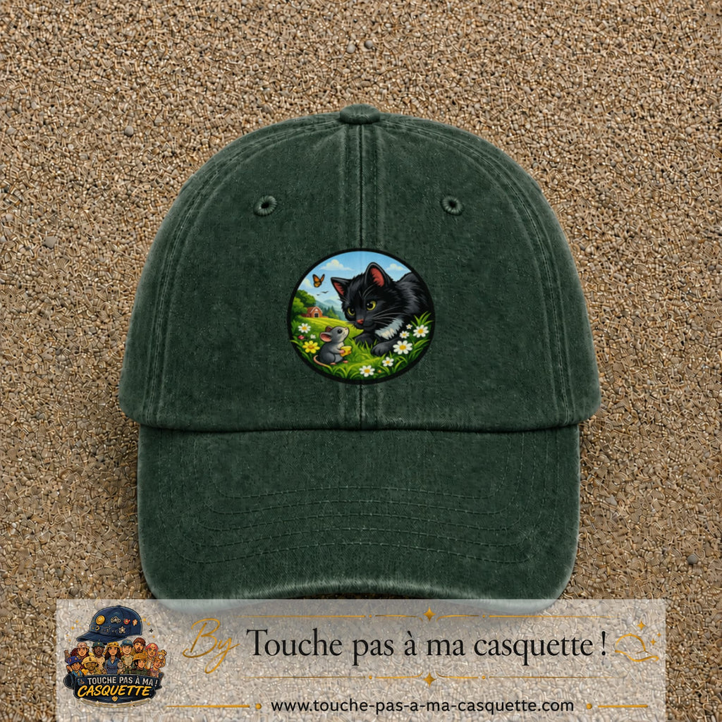 Casquette baseball Vert foncé délavé 100% coton avec visuel Chat noir et souris 7 cm - image produit principale