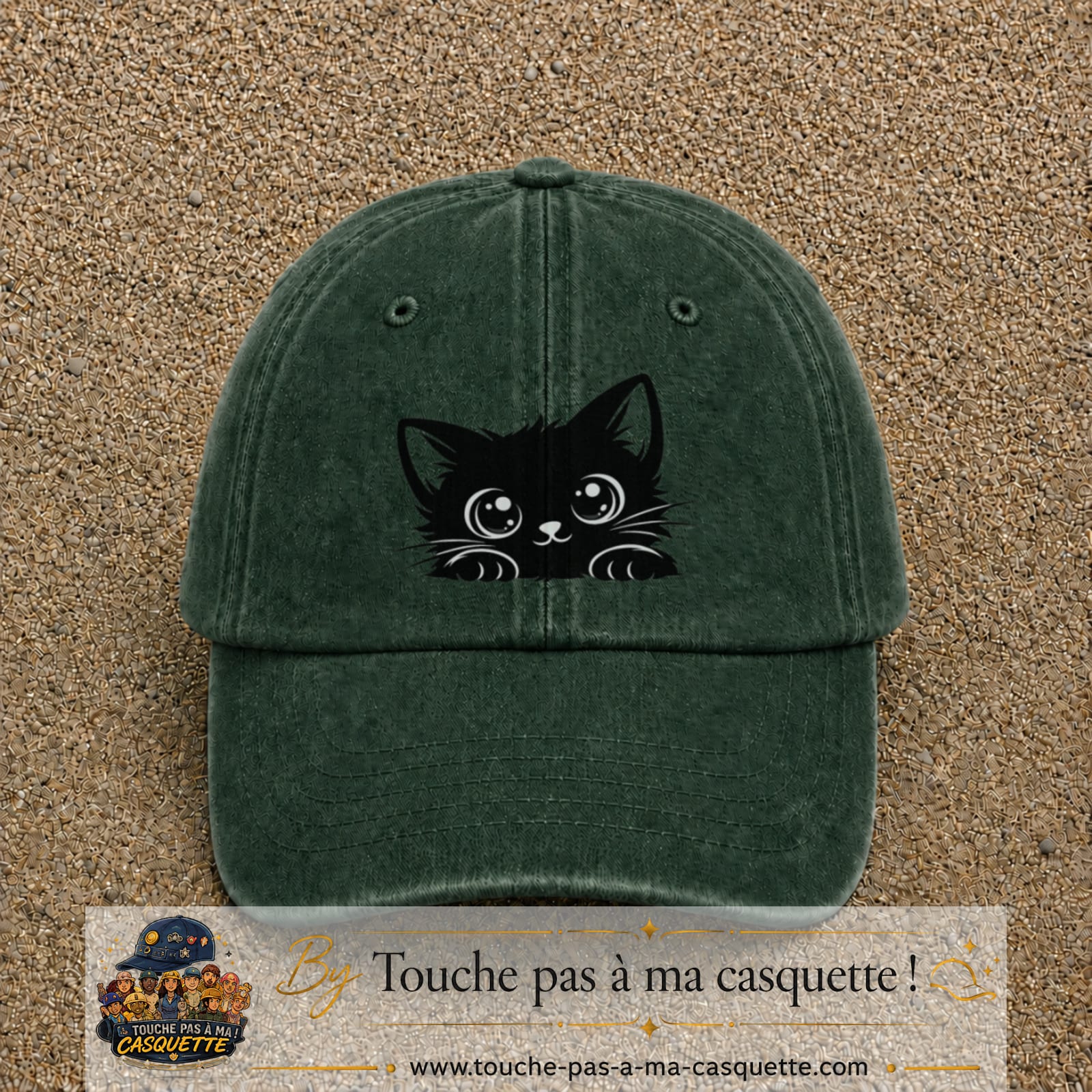 Casquette Vert foncé délavé motif Chaton malicieux 7 cm - vue principale