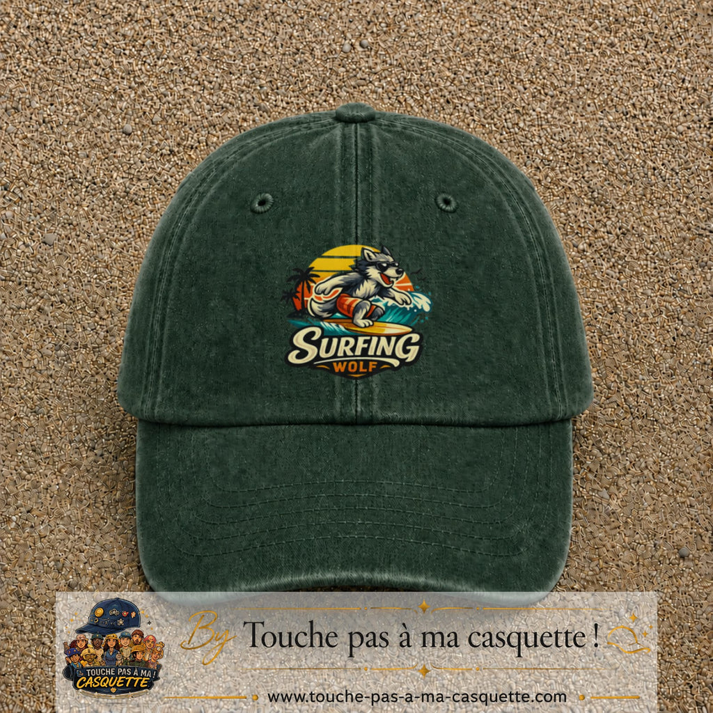 Casquette Vert foncé délavé 100% coton avec motif Surfing Wolf 7 cm - image principale