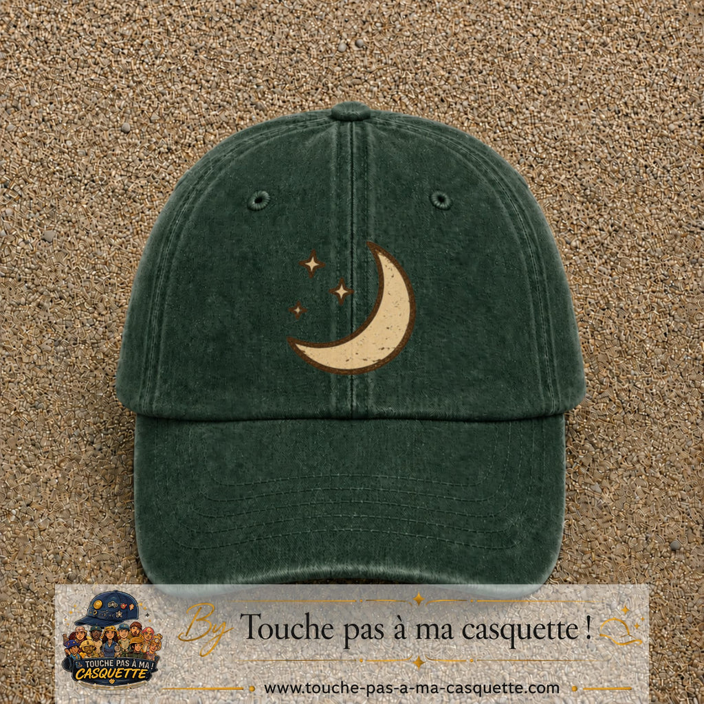 Casquette Vert foncé délavé 100% coton avec motif Lune et étoiles bohèmes 7 cm - image principale