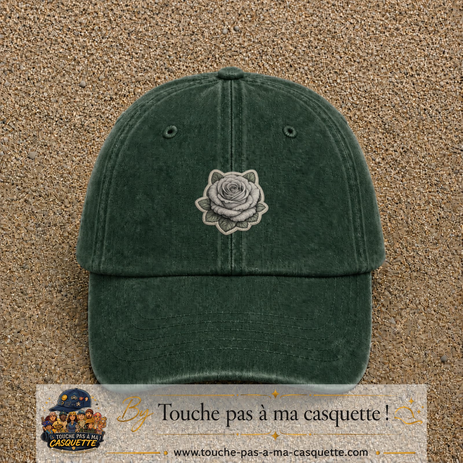 Casquette Vert foncé délavé motif Rose grise 5 cm - vue principale