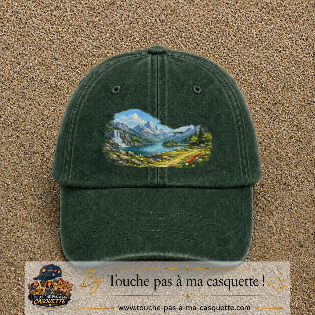 Casquette baseball Vert foncé délavé 100% coton avec motif Paysage montagne lac 7 cm - image principale