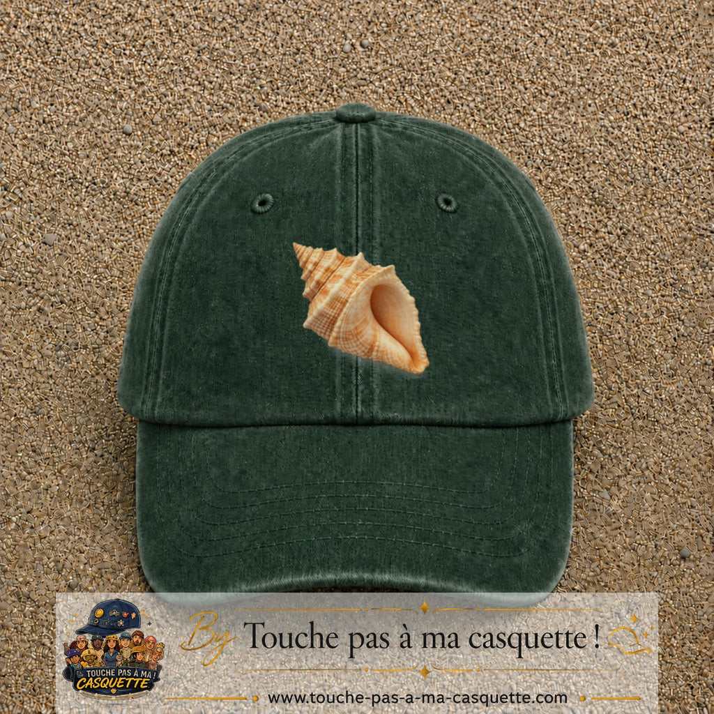 Casquette baseball Vert foncé délavé 100% coton avec visuel Coquillage marin 7 cm - image produit principale