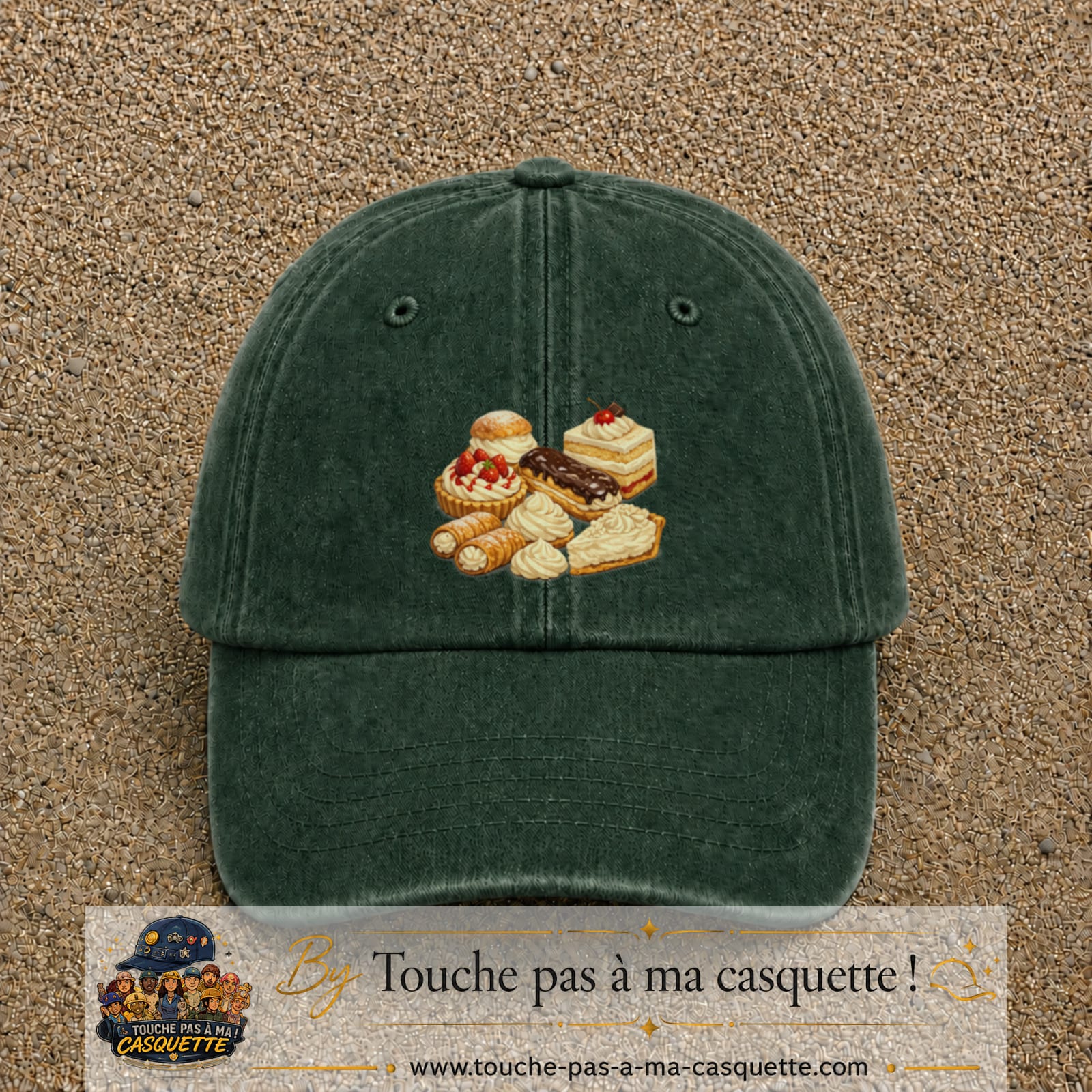 Casquette Vert foncé délavé 100% coton avec motif Pâtisseries gourmandes 7 cm - image principale