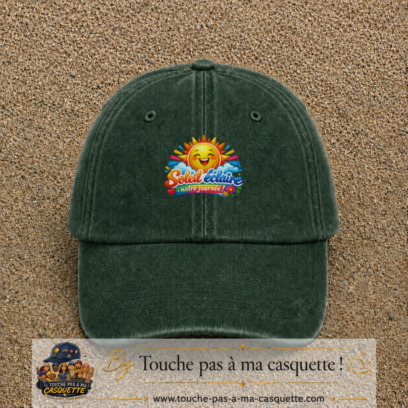 Casquette baseball Vert foncé délavé 100% coton avec motif Soleil éclaire notre journée 7 cm - image principale