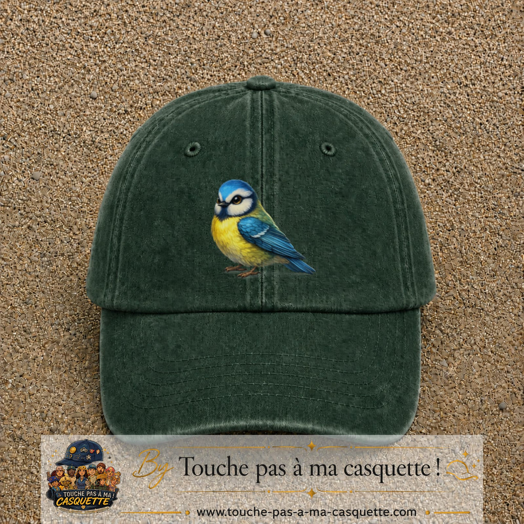 Casquette baseball Vert foncé délavé 100% coton avec visuel Mésange bleue 7 cm - image produit principale