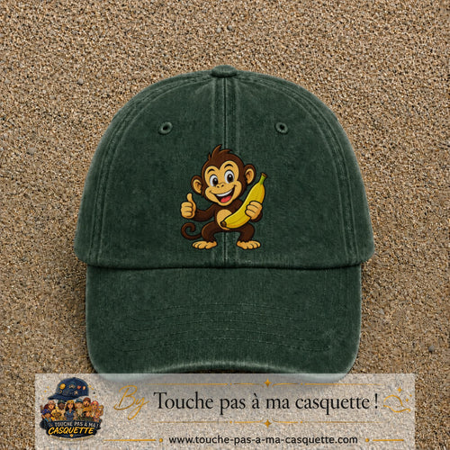 Casquette baseball Vert foncé délavé 100% coton avec motif Singe à la banane 7 cm - image principale