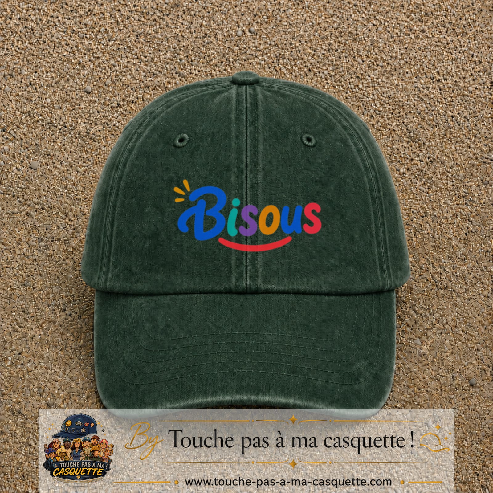 Casquette baseball Vert foncé délavé 100% coton avec visuel Bisous coloré 5 cm - image produit principale