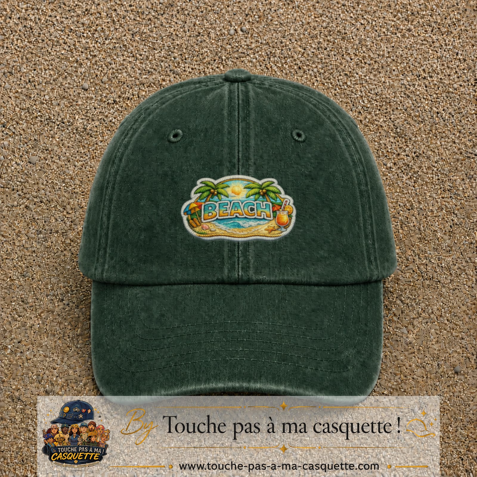Casquette Vert foncé délavé motif Plage tropicale Beach 5 cm - vue principale