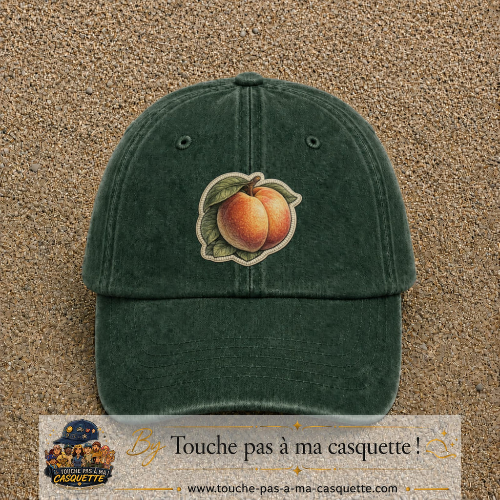 Casquette Vert foncé délavé motif Pêches fruitées 7 cm - vue principale