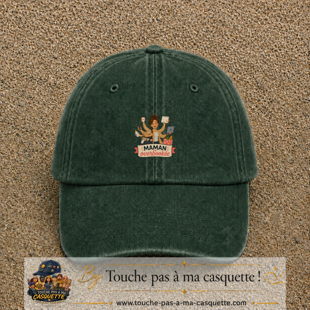 Casquette baseball Vert foncé délavé 100% coton avec visuel Maman overbookée 5 cm - image produit principale