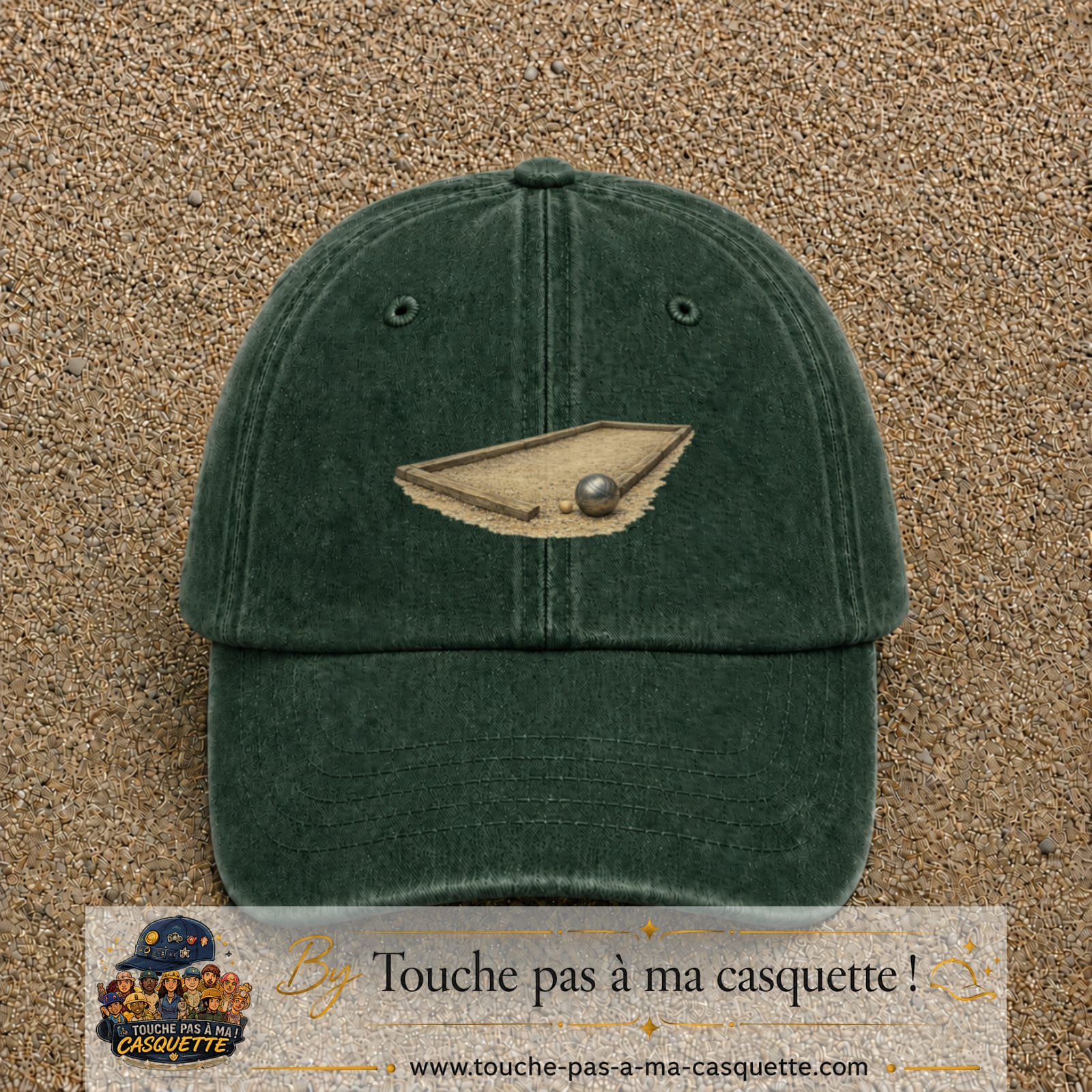 Casquette baseball Vert foncé délavé 100% coton avec motif Terrain de pétanque 7 cm - image principale