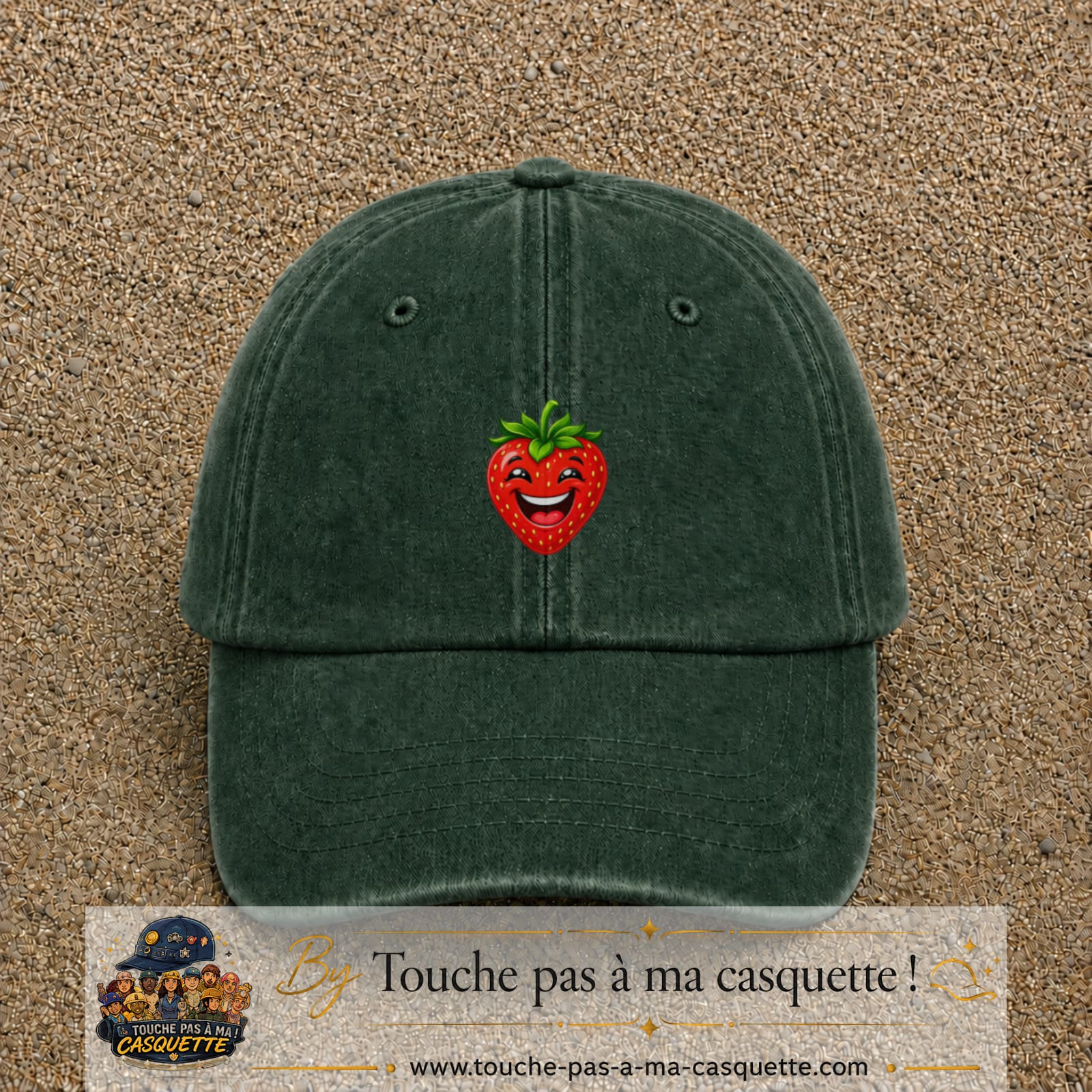 Casquette baseball Vert foncé délavé 100% coton avec motif Fraise souriante 3 cm - image principale