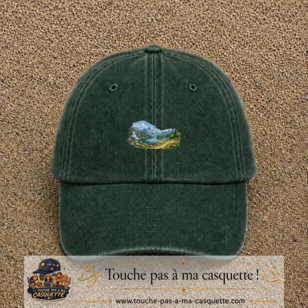 Casquette baseball Vert foncé délavé 100% coton avec motif Paysage montagne lac 3 cm - image principale