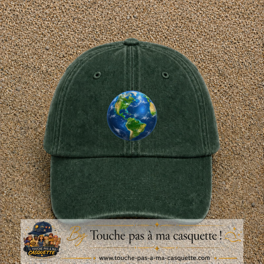Casquette baseball Vert foncé délavé 100% coton avec visuel Planète Terre réaliste 7 cm - image produit principale