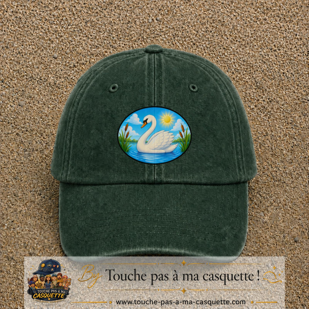 Casquette baseball Vert foncé délavé 100% coton avec visuel Cygne sur lac 7 cm - image produit principale