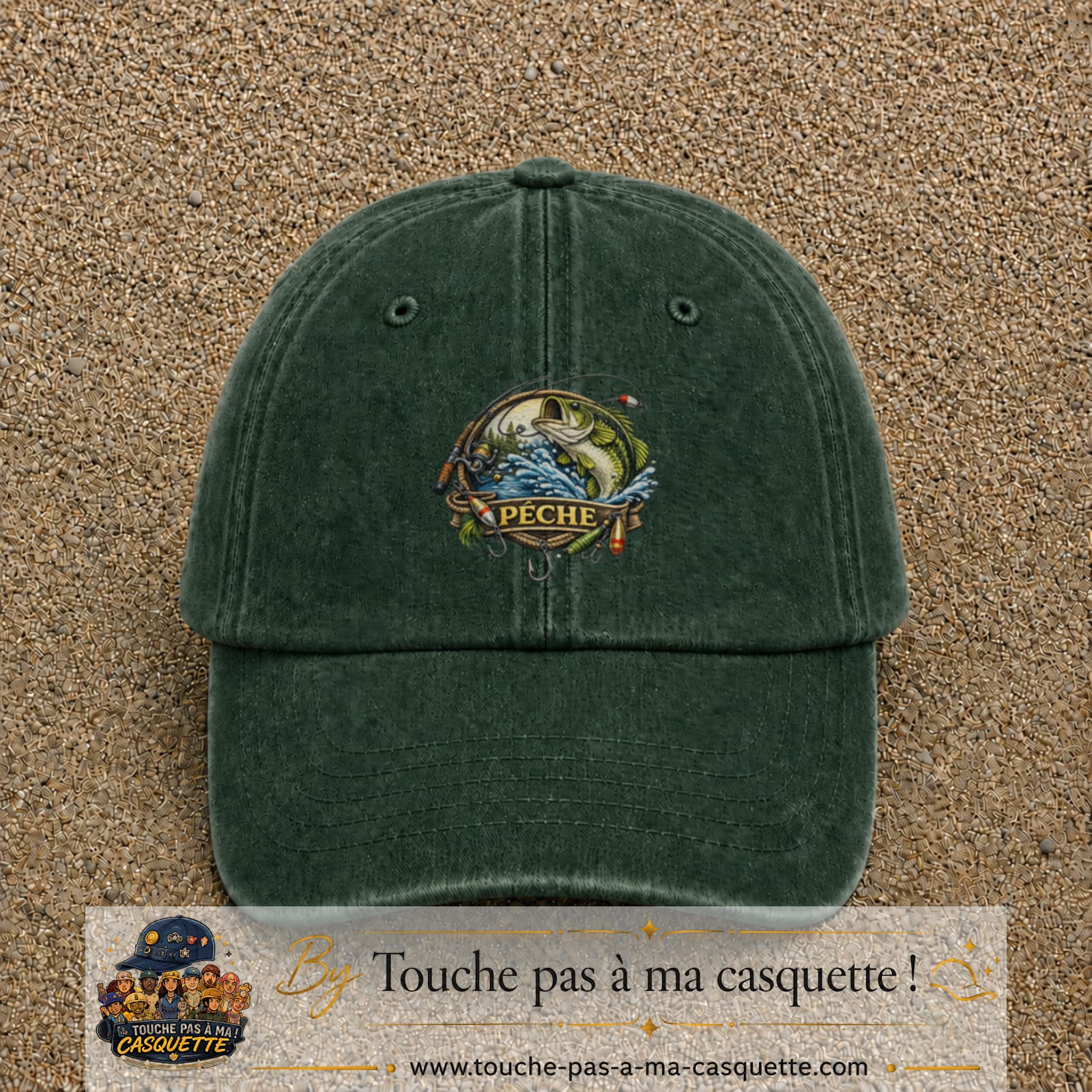 Casquette Vert foncé délavé motif Pêche passion 7 cm - vue principale