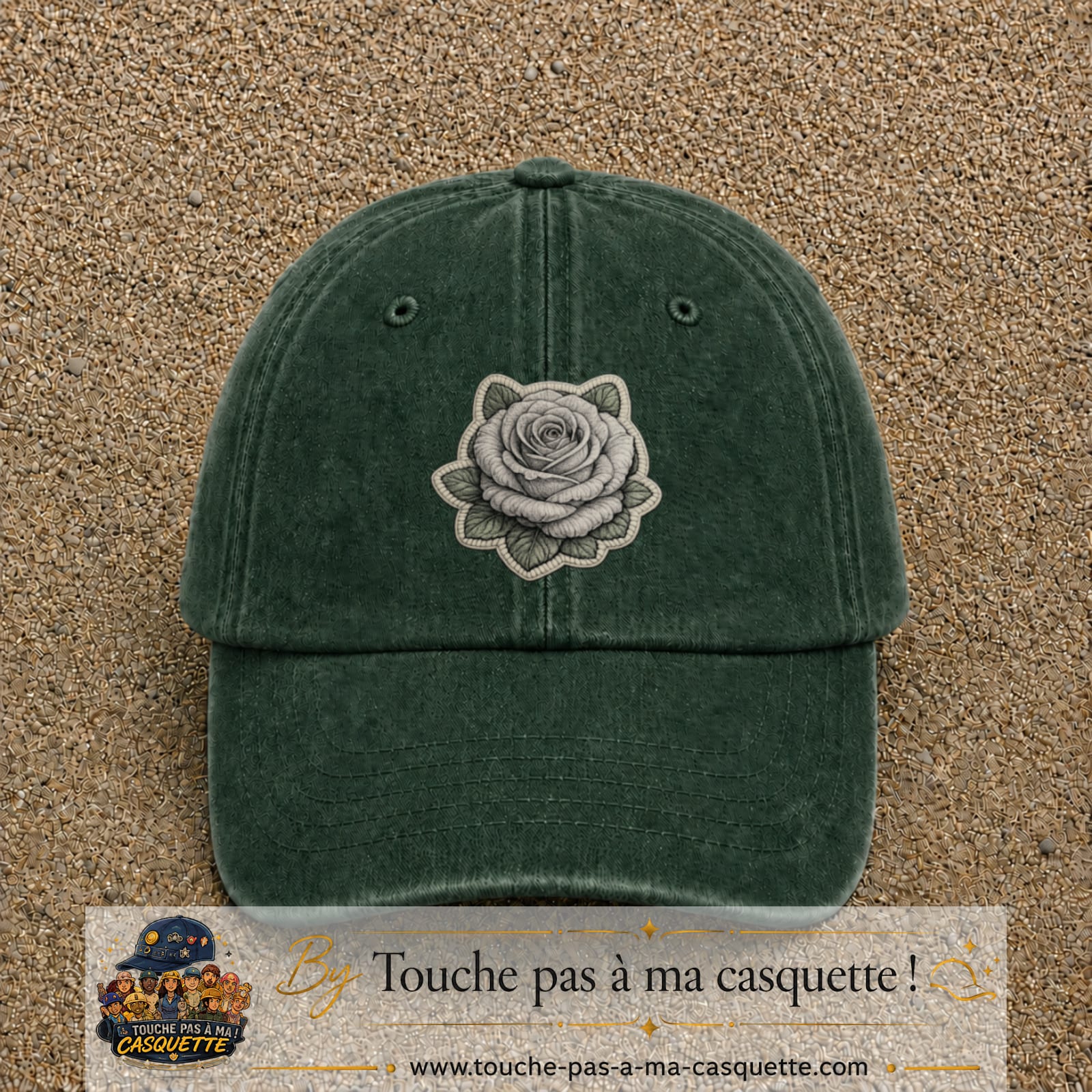 Casquette Vert foncé délavé motif Rose grise 7 cm - vue principale