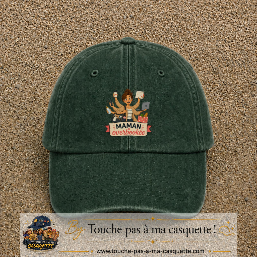 Casquette baseball Vert foncé délavé 100% coton avec visuel Maman overbookée 7 cm - image produit principale