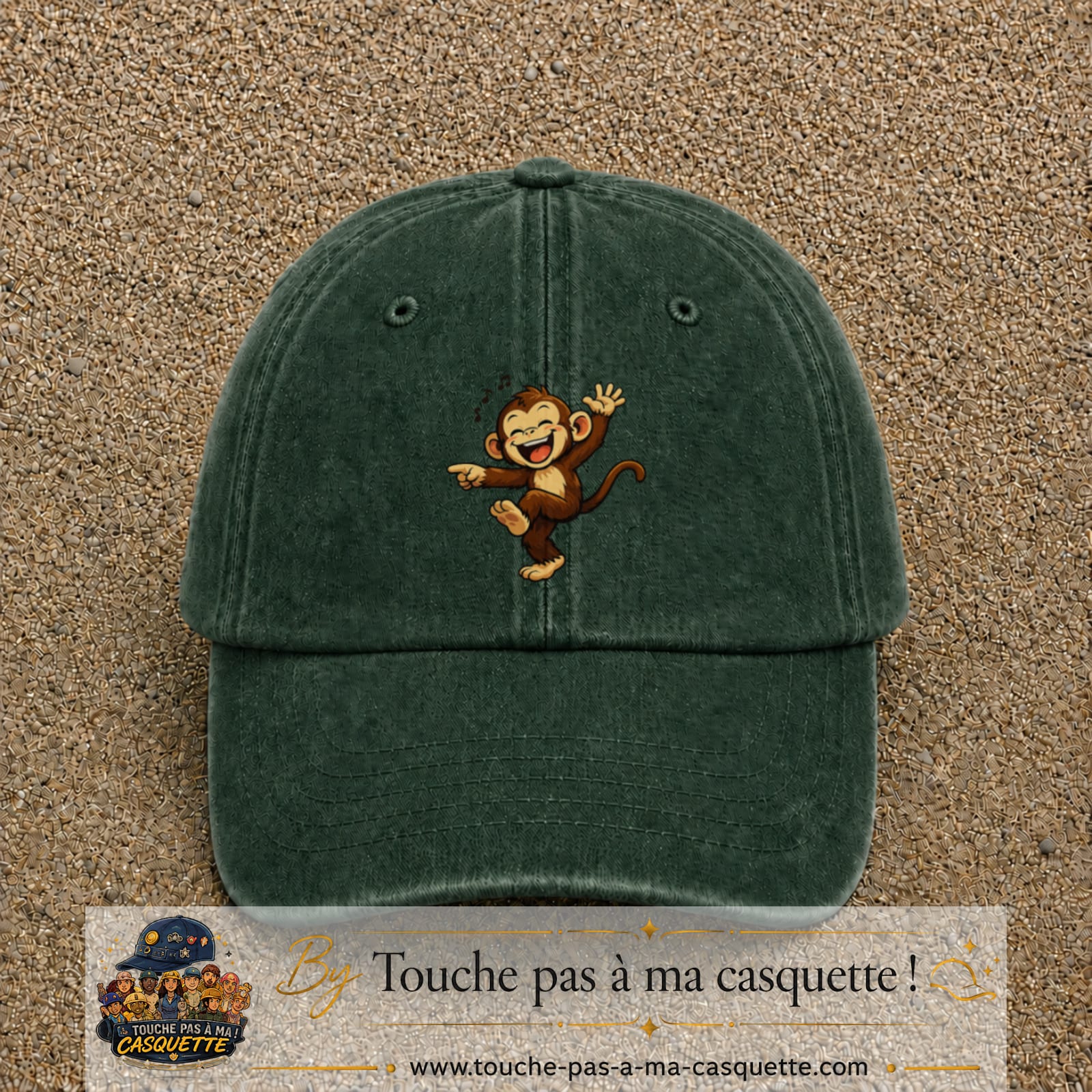 Casquette baseball Vert foncé délavé 100% coton avec motif Singe danseur 7 cm - image principale