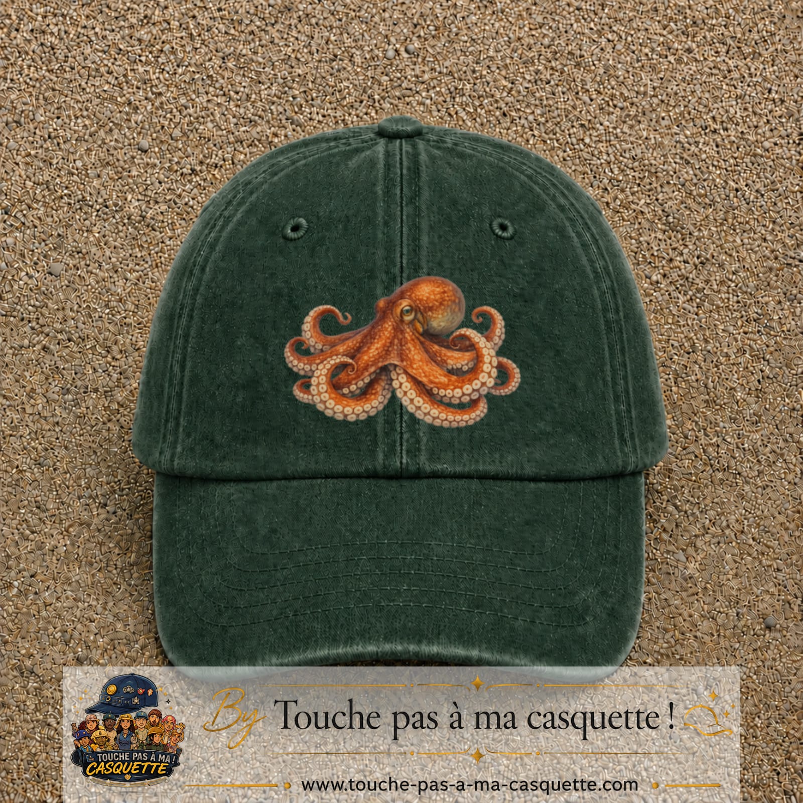Casquette Vert foncé délavé motif Poulpe marin 7 cm - vue principale