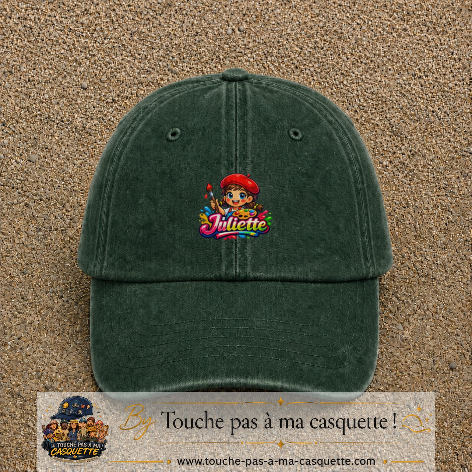 Casquette baseball Vert foncé délavé 100% coton avec motif Juliette 3 cm - image principale