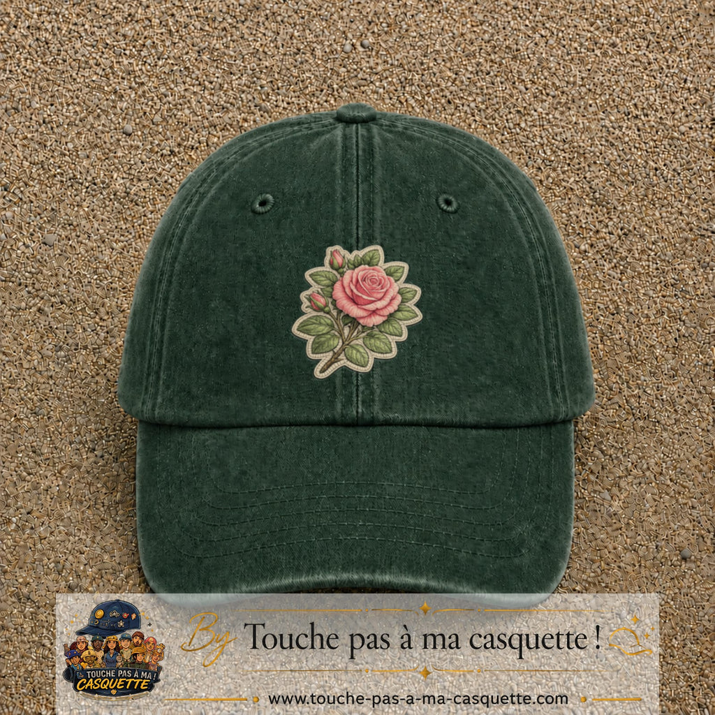 Casquette Vert foncé délavé motif Bouquet de rose 7 cm - vue principale