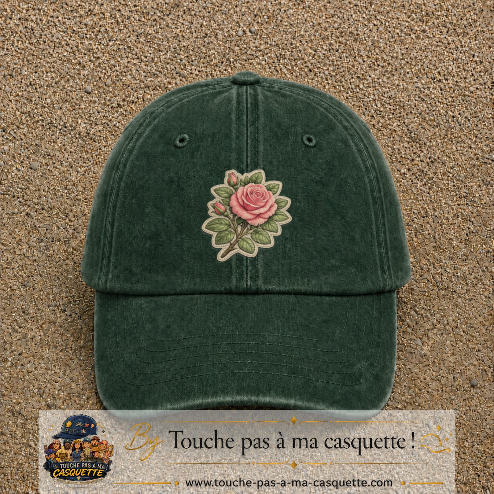 Casquette Vert foncé délavé motif Bouquet de rose 7 cm - vue principale