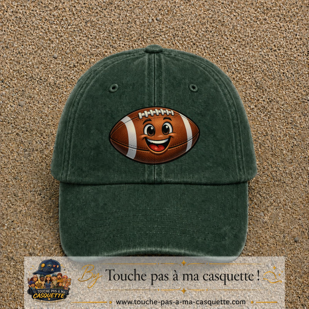 Casquette Vert foncé délavé 100% coton avec motif Ballon de rugby sourire 7 cm - image principale