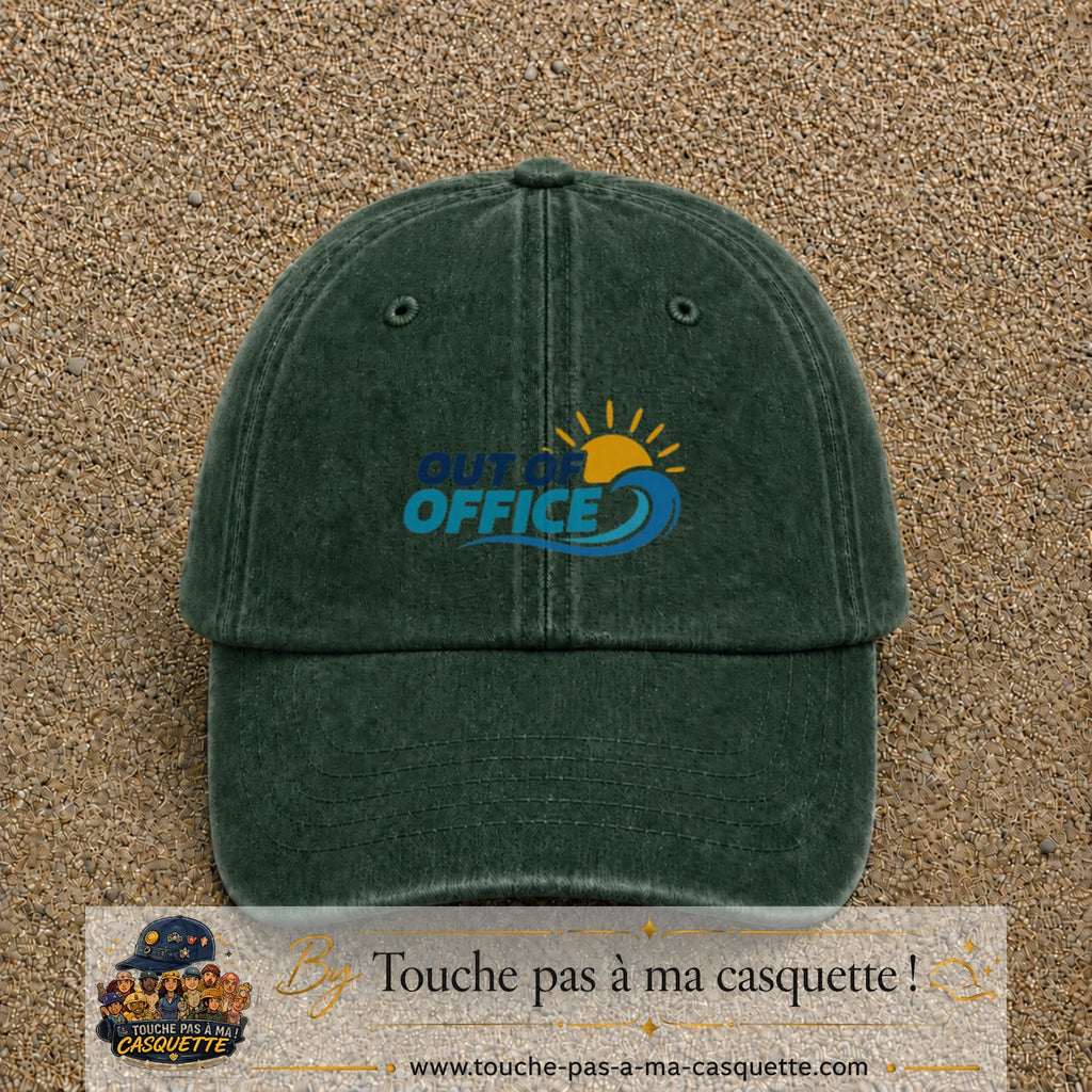 Casquette Vert foncé délavé 100% coton avec motif Out of Office vague soleil 5 cm - image principale