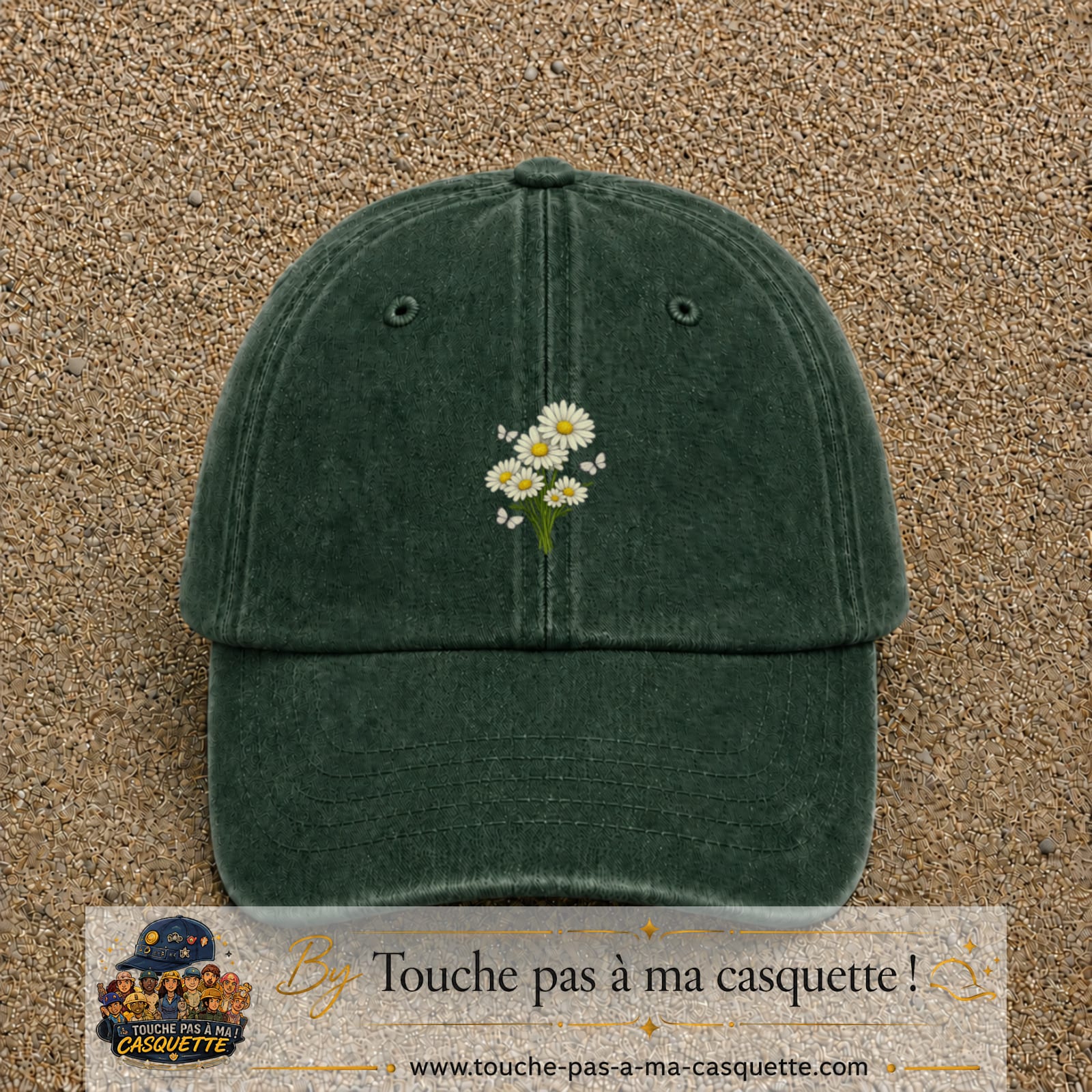 Casquette Vert foncé délavé motif Bouquet de marguerites et papillons 5 cm - vue principale