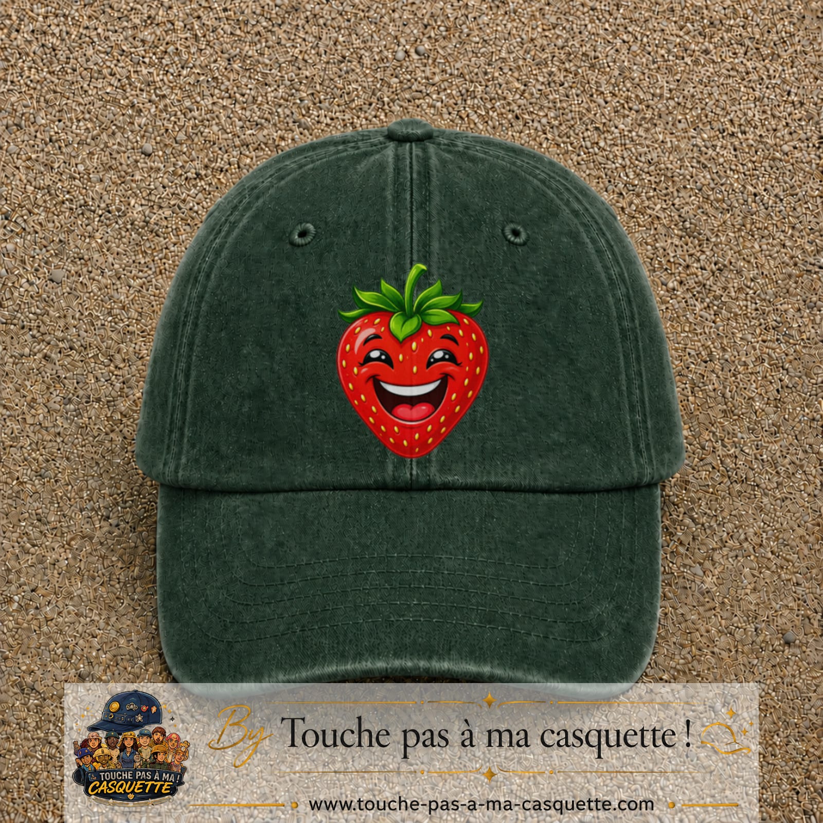 Casquette baseball Vert foncé délavé 100% coton avec motif Fraise souriante 7 cm - image principale