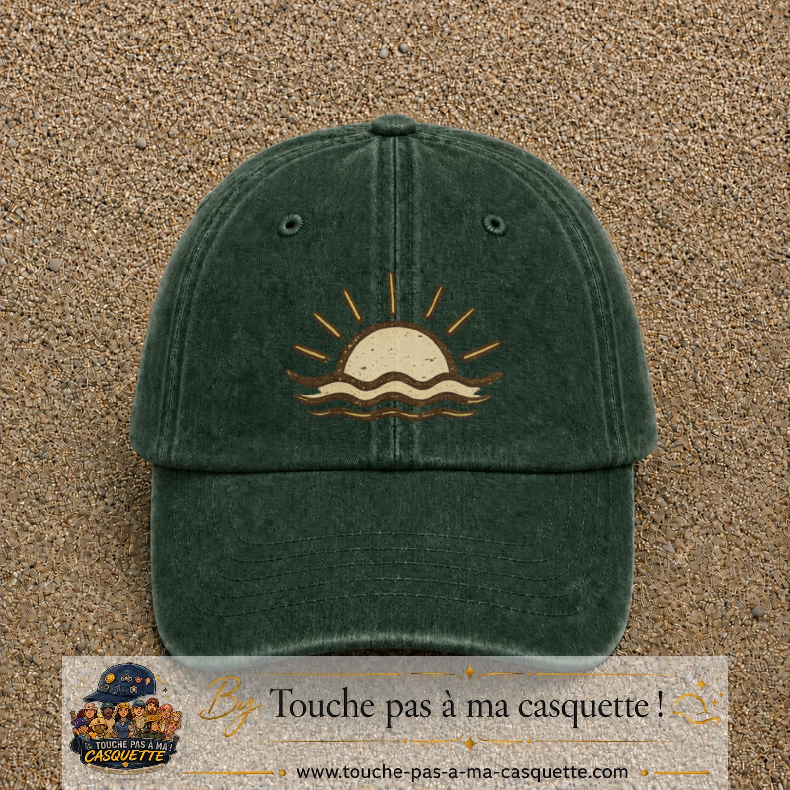 Casquette Vert foncé délavé 100% coton avec motif Soleil couchant bohème 7 cm - image principale