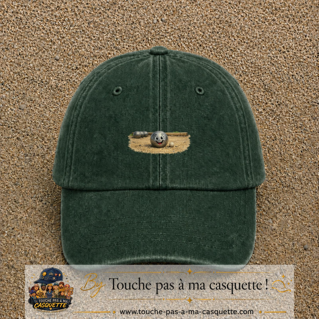 Casquette baseball Vert foncé délavé 100% coton avec motif Boule de pétanque souriante 5 cm - image principale