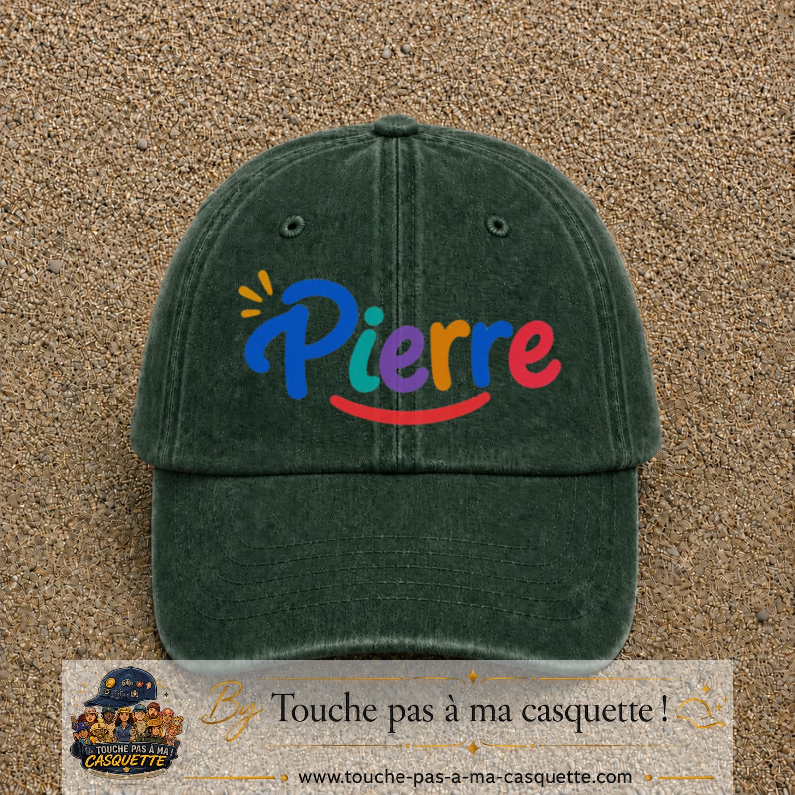 Casquette baseball Vert foncé délavé 100% coton avec visuel Prénom Pierre coloré 7 cm - image produit principale