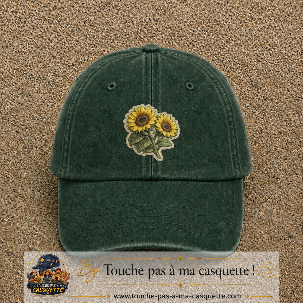 Casquette Vert foncé délavé motif Duo de tournesols 7 cm - vue principale