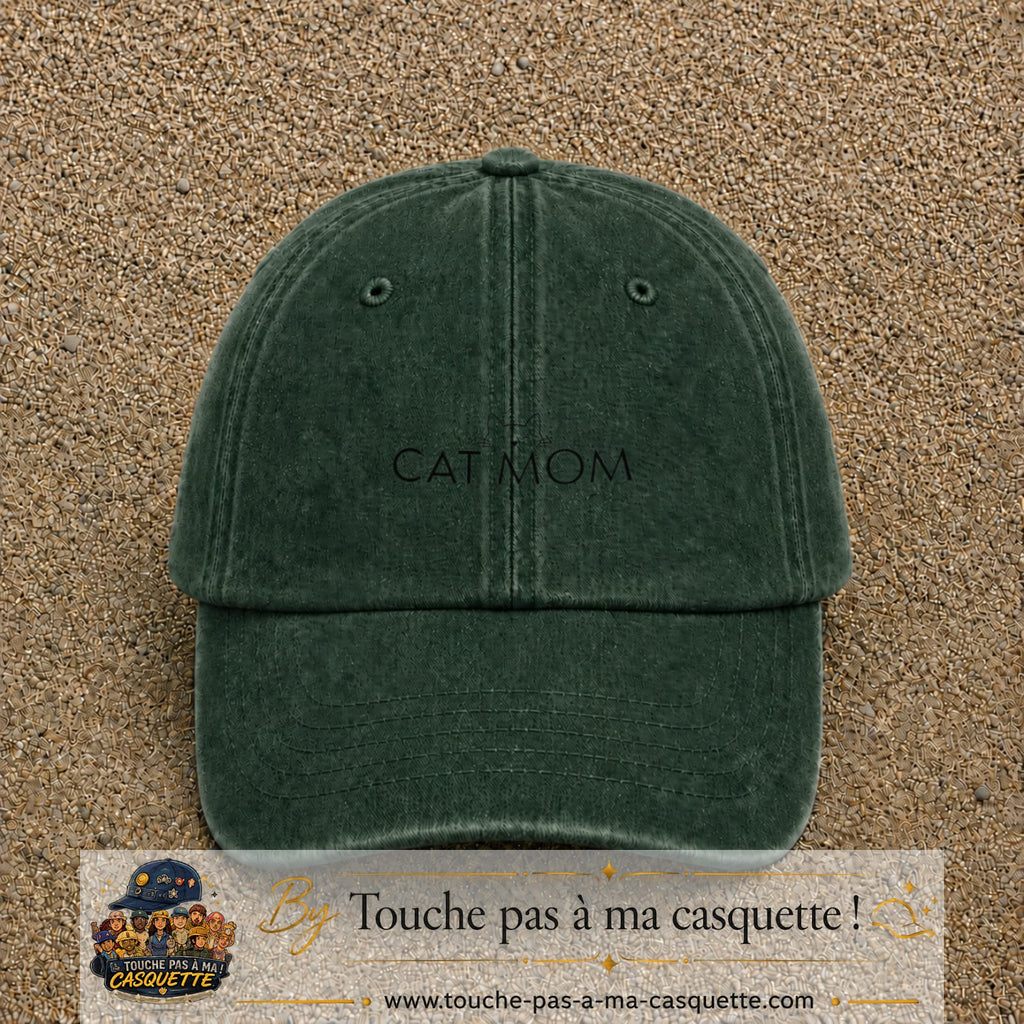Casquette Vert foncé délavé 100% coton avec motif Cat Mom 3 cm - image principale