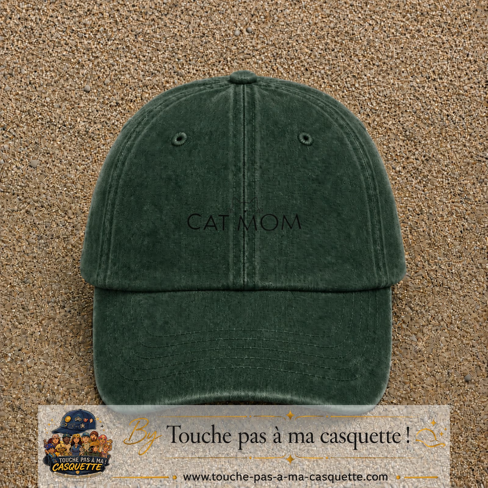 Casquette Vert foncé délavé 100% coton avec motif Cat Mom 3 cm - image principale