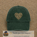 Casquette baseball Vert foncé délavé 100% coton avec visuel Cœur léopard 7 cm - image produit principale