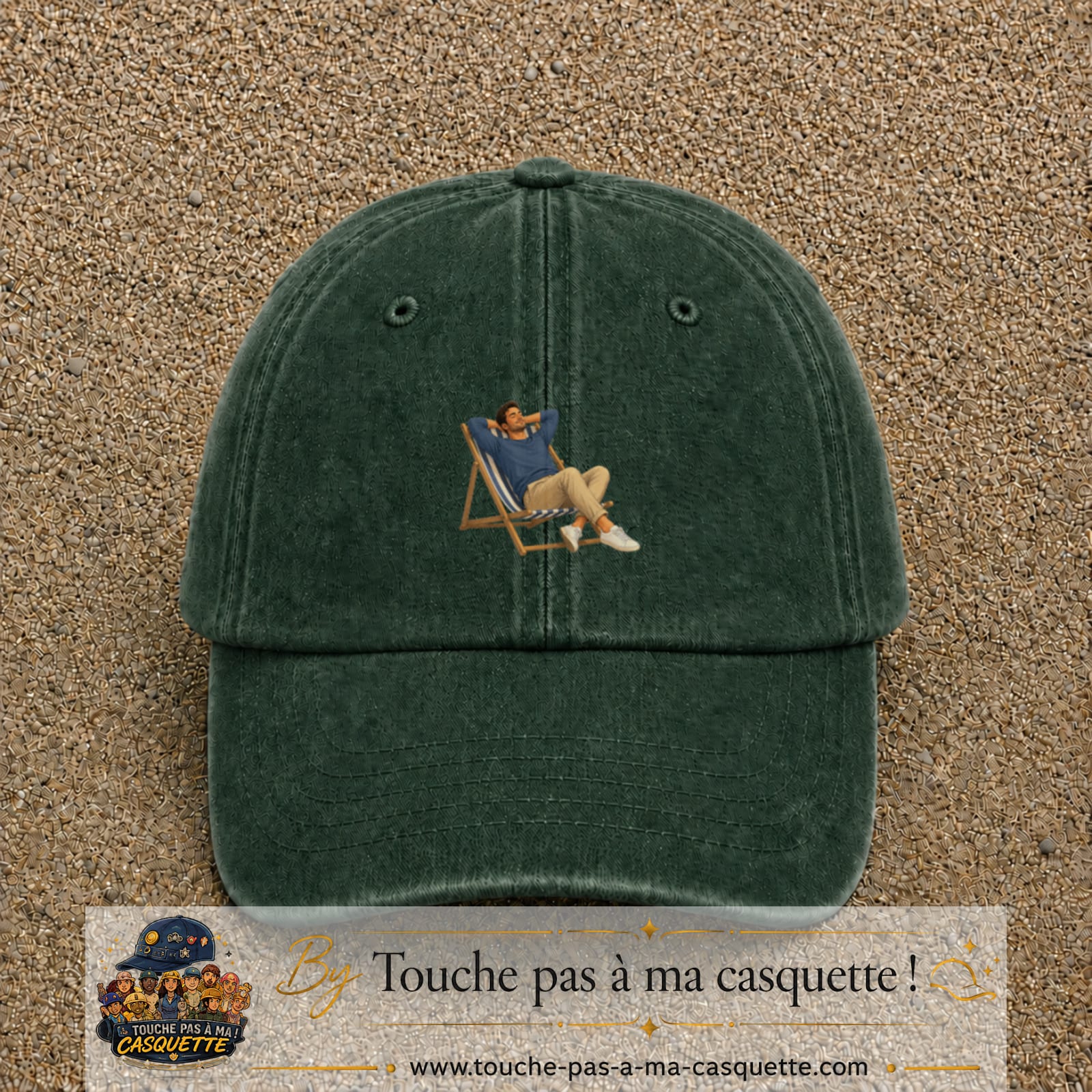 Casquette Vert foncé délavé 100% coton avec motif Pause soleil transat 5 cm - image principale