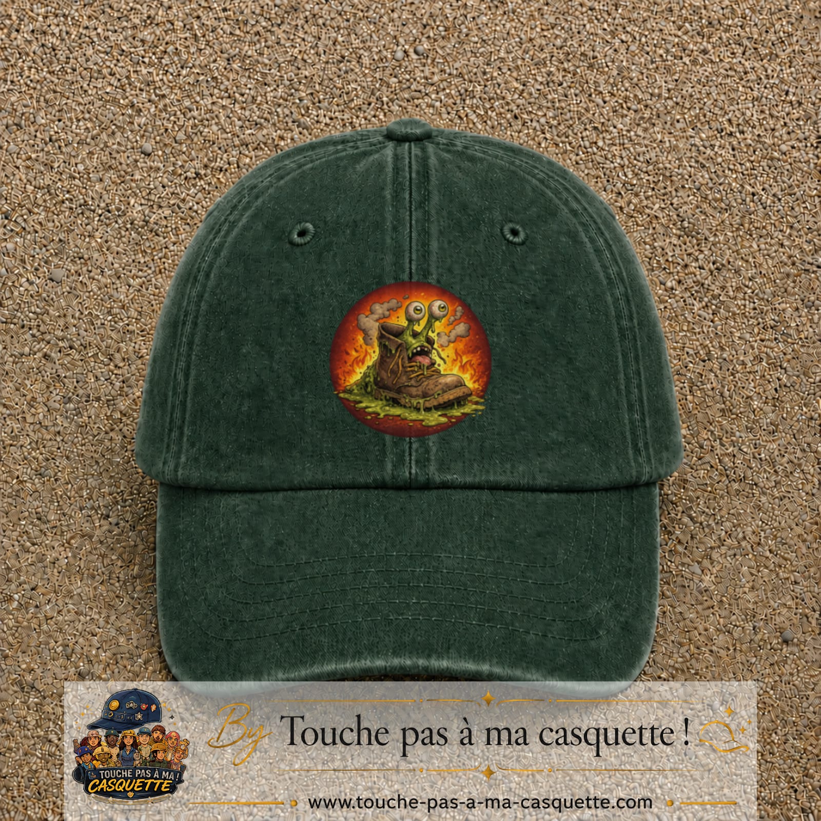 Casquette baseball Vert foncé délavé 100% coton avec visuel Chaussure monstre 7 cm - image produit principale